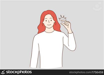 Little bit and small amount concept. Smiling red haired woman cartoon character showing little bit gesture, showing something insignificant vector illustration . Little bit and small amount concept