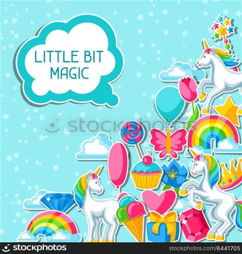 Little bit magic. Card with unicorn and fantasy items. Little bit magic. Card with unicorn and fantasy items.