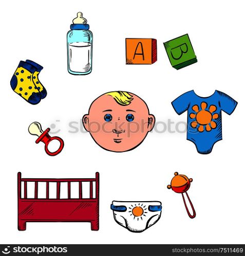 Little boy and childish toys icons with rattle, panties, cot, nipple, socks and cubes. Little boy and childish toys icons