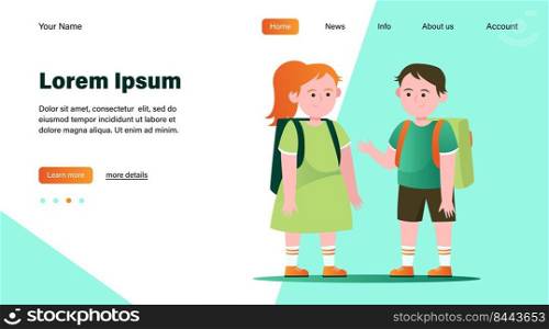 Little boy and girl chatting with each other. Pupil, backpack, school flat vector illustration. Friendship and childhood concept for banner, website design or landing web page