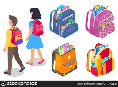 Little boy and girl pupils walking isolated on white. Set of colorful backpacks full of school supplies. Couple of kids with rucksacks vector. Back to school concept. Flat cartoon isometric 3d. Pupils, Set of Backpacks with Supplies Vector