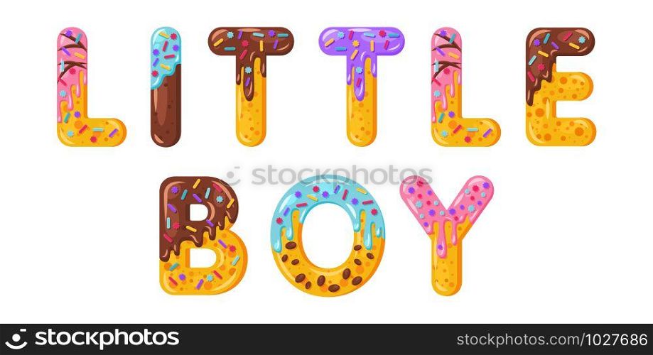 Little boy biscuit vector lettering. Glazed gingerbread inscription. Tempting flat design typography. Cookies letters baby phrase isolated on white Biscuit word postcard print, childish banner element