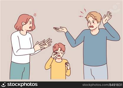 Little boy crying with mad parents argue near. Furious careless mother and father fight scream near small son. Children trauma, domestic violence. Vector illustration. . Little boy cry see parents argue 