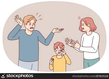 Little boy crying with mad parents argue near. Furious careless mother and father fight scream near small son. Children trauma, domestic violence. Vector illustration.. Little boy cry see parents argue