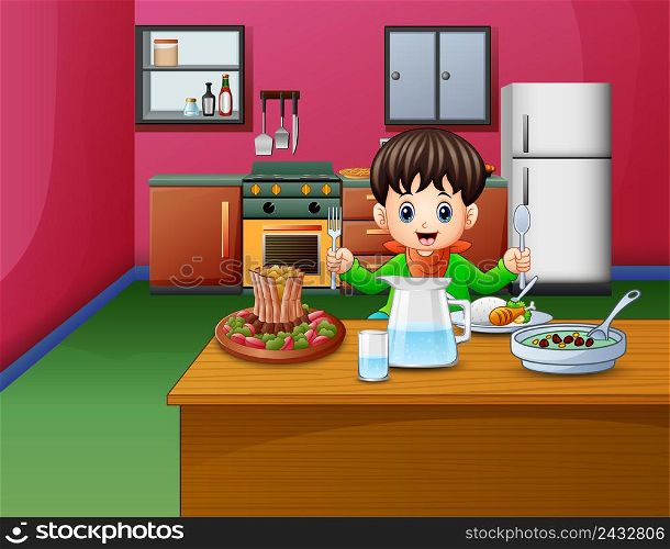 Little boy eats sitting at the dining table