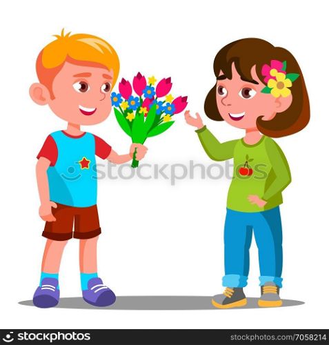 Little Boy Gives The Flowers To The Little Girl Vector. Illustration. Little Boy Gives The Flowers To The Little Girl Vector. Isolated Illustration