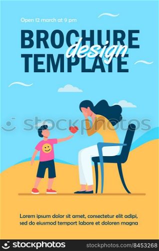 Little boy giving heart to sad mother. Love, care, childhood flat vector illustration. Relationship and family concept for banner, website design or landing web page