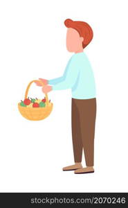 Little boy hodling basket semi flat color vector character. Standing figure. Full body person on white. Child with apples isolated modern cartoon style illustration for graphic design and animation. Little boy hodling basket semi flat color vector character
