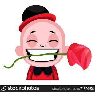 Little boy holding a rose in his teeth illustration vector on white background