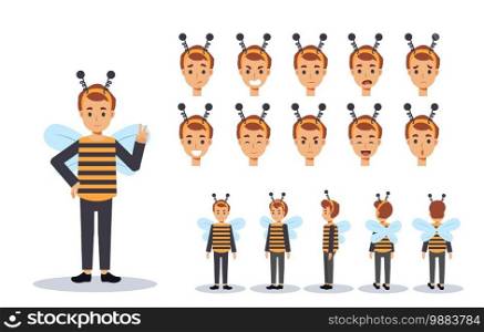 Little Boy in bee costume for Halloween festival.trick or treat. Front, side, back view animated character.Vector Character creation set with various views, Cartoon style, flat vector illustration.