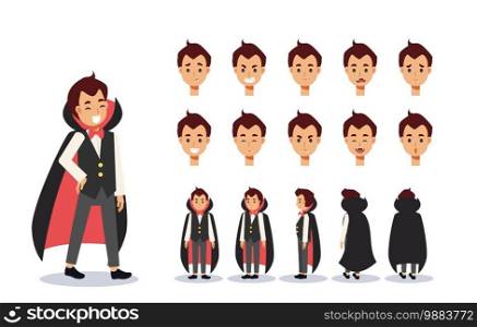Little Boy in count dracula V&ire costume for Halloween festival.trick or treat. Front, side, back view animated character.Vector Character creation set, Cartoon style, flat vector illustration.