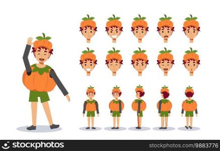 Little Boy in Cute pumpkin costume for Halloween festival.trick or treat. Front, side, back view animated character.Vector Character creation set, Cartoon style, flat vector illustration.