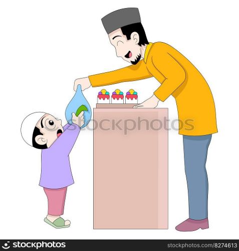 little boy is buying cake for food iftar ramadhan. vector design illustration art