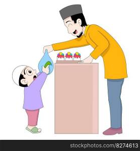 little boy is buying cake for food iftar ramadhan. vector design illustration art