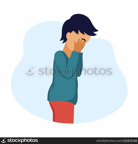 Little boy is crying. Sad child. Vector character in cartoon style.