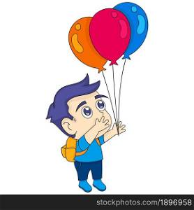little boy is holding a balloon. illustration of cartoon character image