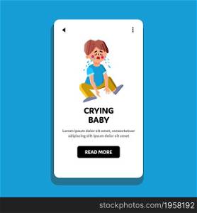 Little Boy Kid Sitting On Floor And Crying Vector. Preteen Sad Small Schoolboy Crying. Disappointed And Sorrowful Character Child With Negative Emotion Web Flat Cartoon Illustration. Little Boy Kid Sitting On Floor And Crying Vector