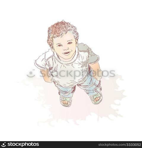 Little boy looking up and smiling. Vector illustration