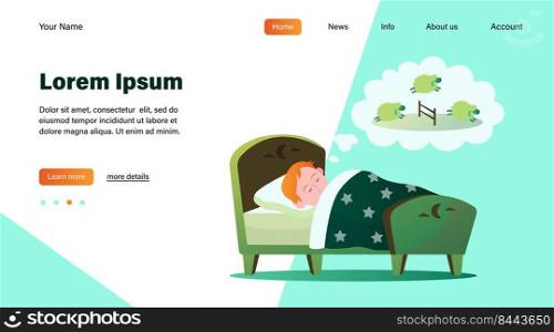 Little boy lying in bed and counting sheep. Dream, kid, sleeping flat vector illustration. Lifestyle and childhood concept for banner, website design or landing web page