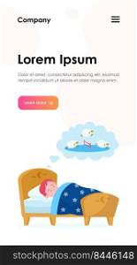 Little boy lying in bed and counting sheep. Dream, kid, sleeping flat vector illustration. Lifestyle and childhood concept for banner, website design or landing web page