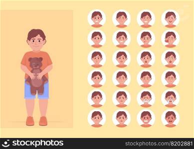 Little boy moods variety semi flat color character emotions set. Editable facial expressions. Children psychology science vector style illustration for motion graphic design and animation. Little boy moods variety semi flat color character emotions set
