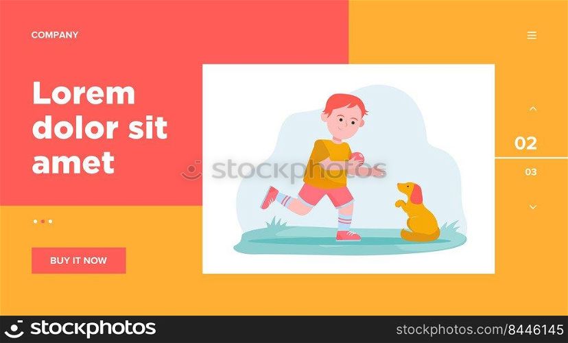 Little boy playing with dog. Pupil, puppy, ball flat vector illustration. Animals and childhood concept for banner, website design or landing web page