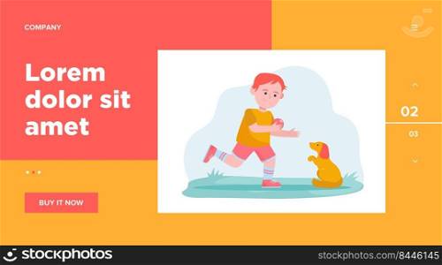 Little boy playing with dog. Pupil, puppy, ball flat vector illustration. Animals and childhood concept for banner, website design or landing web page
