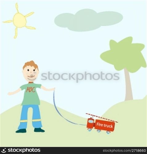little boy playing with his toy, vector art illustration