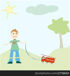 little boy playing with his toy, vector art illustration