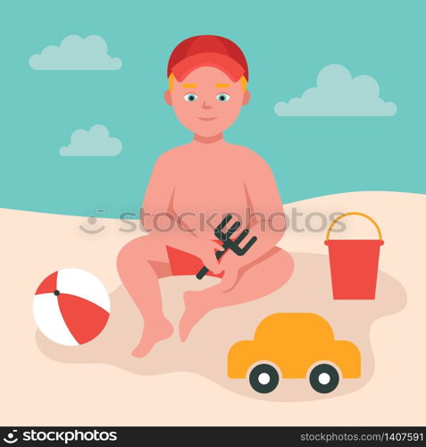 Little boy plays in the sand by the sea, holds a toy rake in her hands. A child in a cap, toys, a bucket, a ball, a machine. Summer fun. Flat vector illustration.