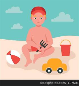 Little boy plays in the sand by the sea, holds a toy rake in her hands. A child in a cap, toys, a bucket, a ball, a machine. Summer fun. Flat vector illustration.