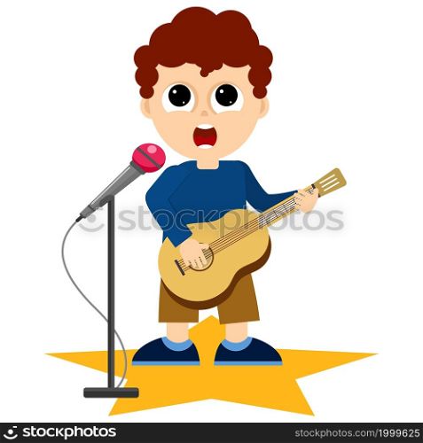 little boy plays the guitar and sings into a microphone. Vector EPS 10.