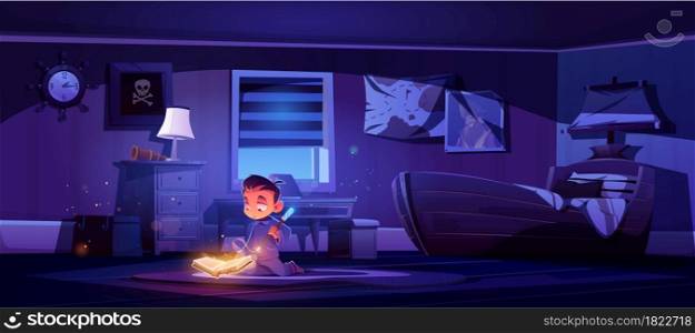 Little boy practice magic with wand and glowing spell book, magician child conjure in bedroom night interior with pirate ship bed. Fairy tale fantasy, wonder, wizard kid, Cartoon vector illustration. Little boy practice magic with wand and spell book