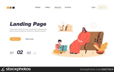 Little boy reading Quran on floor. Father in traditional clothes sitting on sofa, watching son flat vector illustration. Ramadan, Islam, religion concept for banner, website design or landing web page