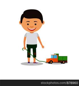 Little boy shows his toy car, isolated on the white background. Vector illustration. Little boy shows his toy car