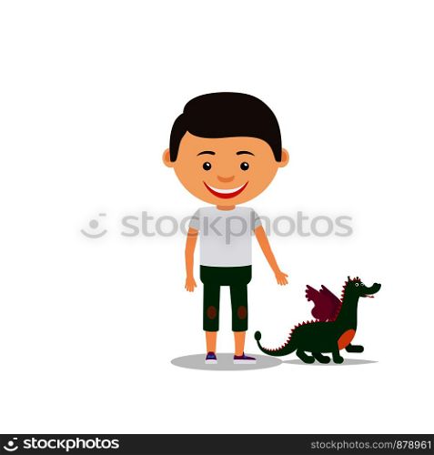 Little boy shows his toy dragon, isolated on the white background. Vector illustration. Little boy shows his toy dragon