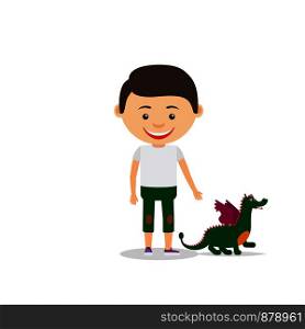 Little boy shows his toy dragon, isolated on the white background. Vector illustration. Little boy shows his toy dragon