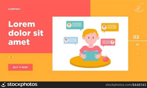 Little boy sitting at table and chatting with friends. Tablet, apple, desk flat vector illustration. Friendship and childhood concept for banner, website design or landing web page