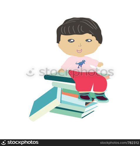 Little boy sitting on a pile of books. Isolated on white background. . Little boy sitting on a pile of books.