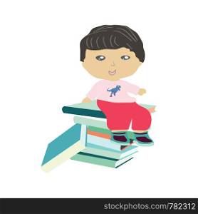 Little boy sitting on a pile of books. Isolated on white background. . Little boy sitting on a pile of books.