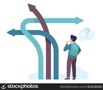 Little boy stands at crossroads and thinks which direction to take. Alternative ways, child making decision, kid finding right direction, cartoon flat style isolated illustration. Vector concept. Little boy stands at crossroads and thinks which direction to take. Alternative ways, child making decision, kid finding right direction, cartoon flat style isolated vector concept