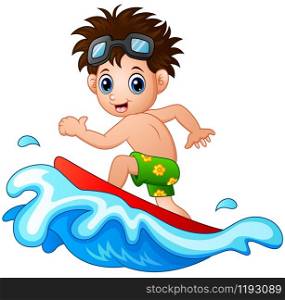 Little boy surfing on a big wave