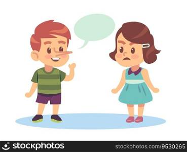 Little boy telling lies to upset little girl. Liar child having big nose suffering from compulsive dishonest behavior. Friend relationships. Cartoon flat style isolated illustration. Vector concept. Little boy telling lies to upset little girl. Liar child having big nose suffering from compulsive dishonest behavior. Friend relationships. Cartoon flat style isolated vector concept