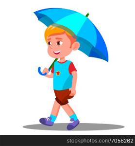 Little Boy Walks With An Open Blue Umbrella In His Hand Vector. Illustration. Little Boy Walks With An Open Blue Umbrella In His Hand Vector. Isolated Illustration