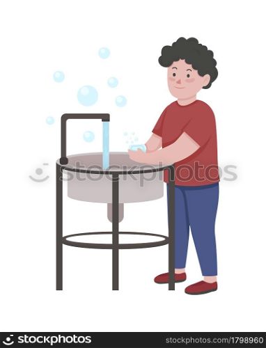 Little boy washing hands with soap with semi flat color vector character. Full body person on white. Promoting good hygiene isolated modern cartoon style illustration for graphic design and animation. Little boy washing hands with soap with semi flat color vector character