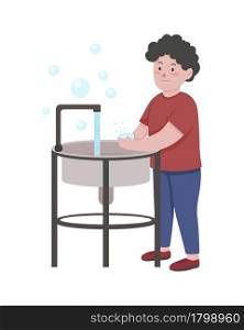 Little boy washing hands with soap with semi flat color vector character. Full body person on white. Promoting good hygiene isolated modern cartoon style illustration for graphic design and animation. Little boy washing hands with soap with semi flat color vector character
