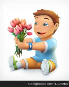 Little boy with bouquet of flowers, vector icon isolated on white background