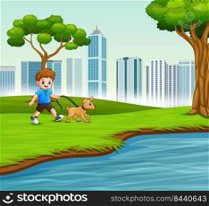 Little boy with his pet walking by the river 