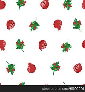 Little branches and pomegranate silhouettes seamless pattern. Red and green bright ornament on white background. Great for fabric design, textile print, wrapping, cover. Vector illustration.. Little branches and pomegranate silhouettes seamless pattern. Red and green bright ornament on white background.