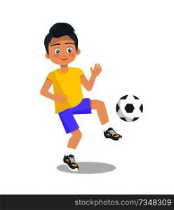 Little brunette boy clothed in summer apparel playing football isolated on white background. Toddler in yellow t-shirt and blue shorts. Little Boy Playing Football on White Background
